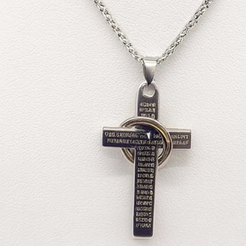 ✨ Silver Lord's Prayer Cross Pendant Necklace Interlocking Ring Unisex NWT